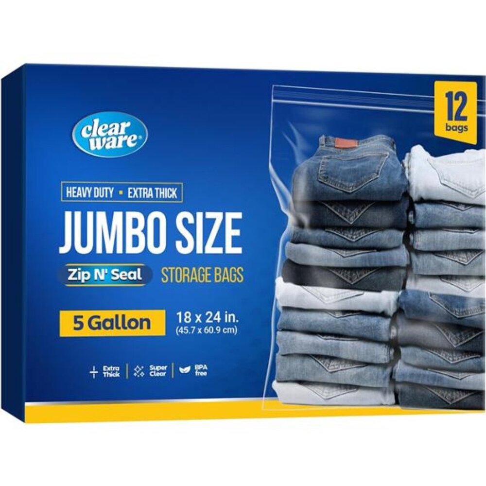 Large Storage Bags 12 Pack 5 Gallon Clear Zipper Top Reusable Plastic Freezer Ba